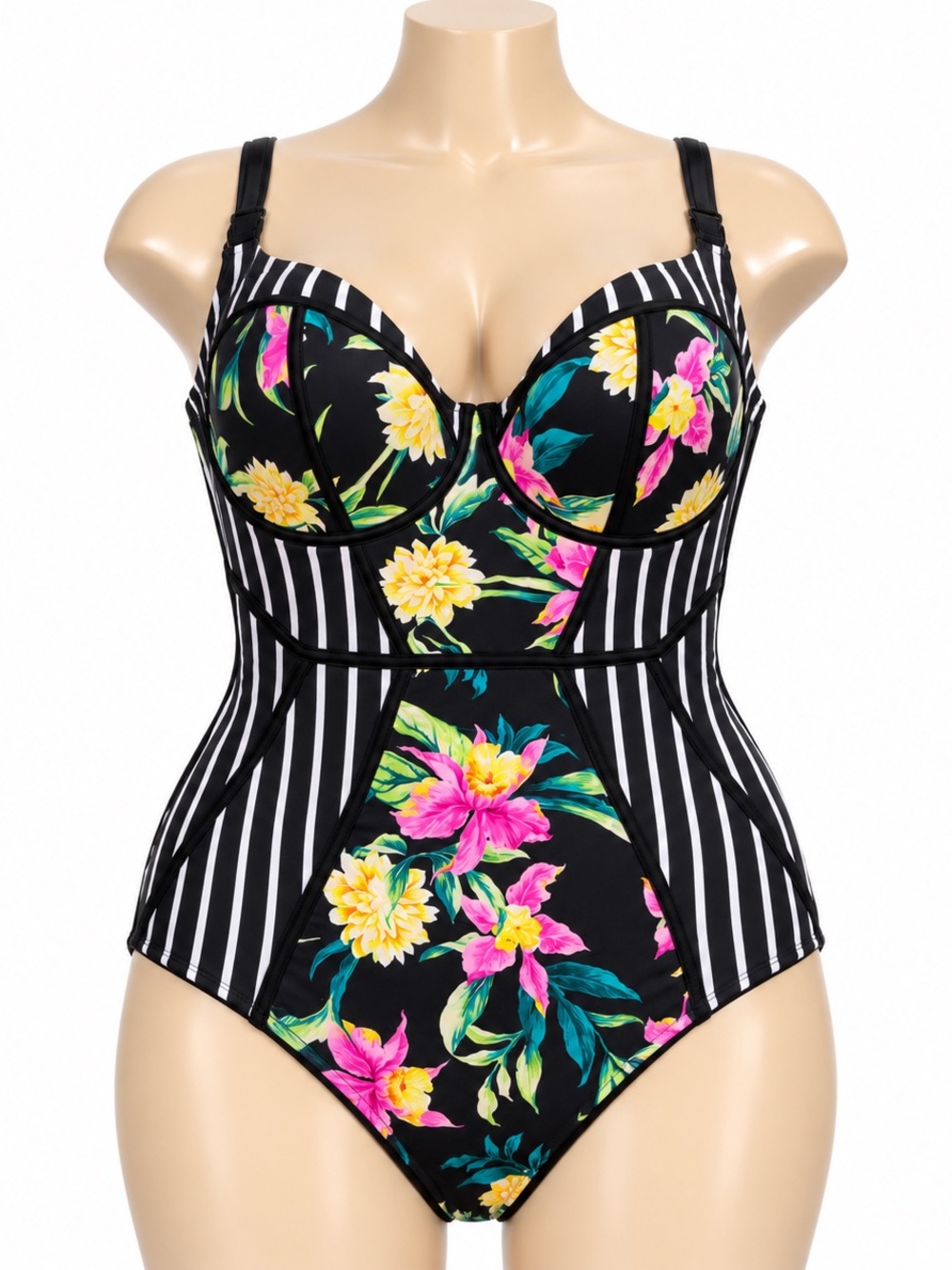 Torrid Black Floral Stripe One-Piece Swimsuit with Support Size 2
